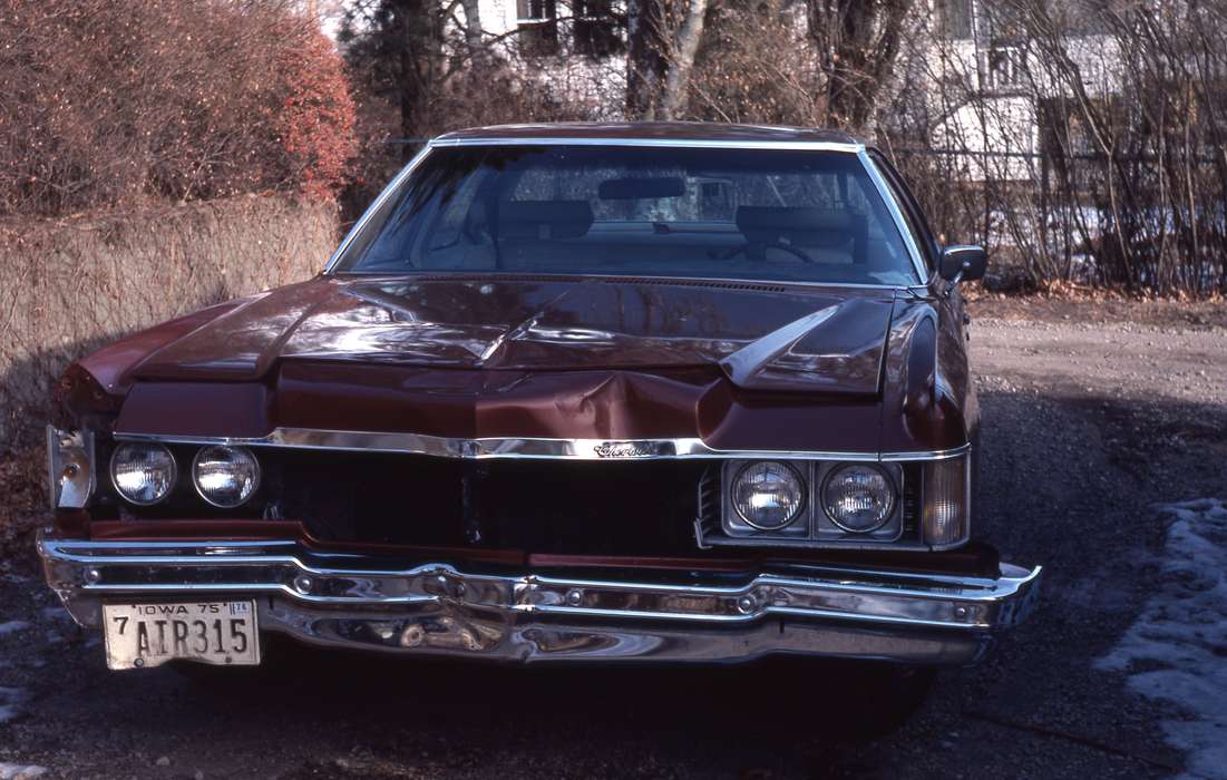 license plate, chrome, history of Iowa, Iowa History, bumper, sedan, Wrecks, Motorized Vehicles, chevrolet, car, 1974 chevrolet impala, impala, Iowa, car hood, Zischke, Ward, Black Hawk County, IA, chevy