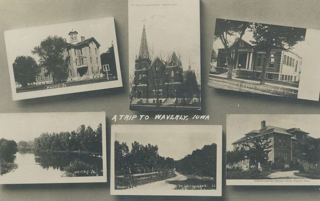 Waverly, IA, cedar river, Religious Structures, dirt road, history of Iowa, Meyer, Sarah, church, brick building, library, Main Streets & Town Squares, Iowa, high school, Cities and Towns, correct date needed, orphanage, collage, Iowa History