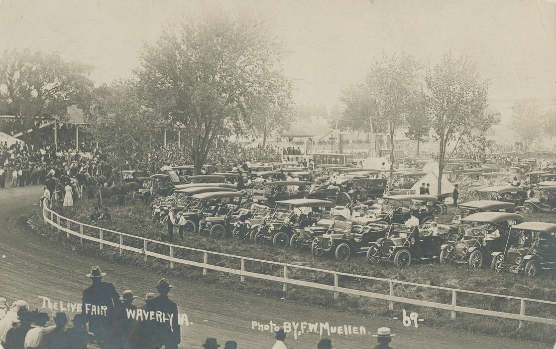 Iowa, Motorized Vehicles, Waverly Public Library, Fairs and Festivals, crowd, car, fair, history of Iowa, Waverly, IA, Iowa History