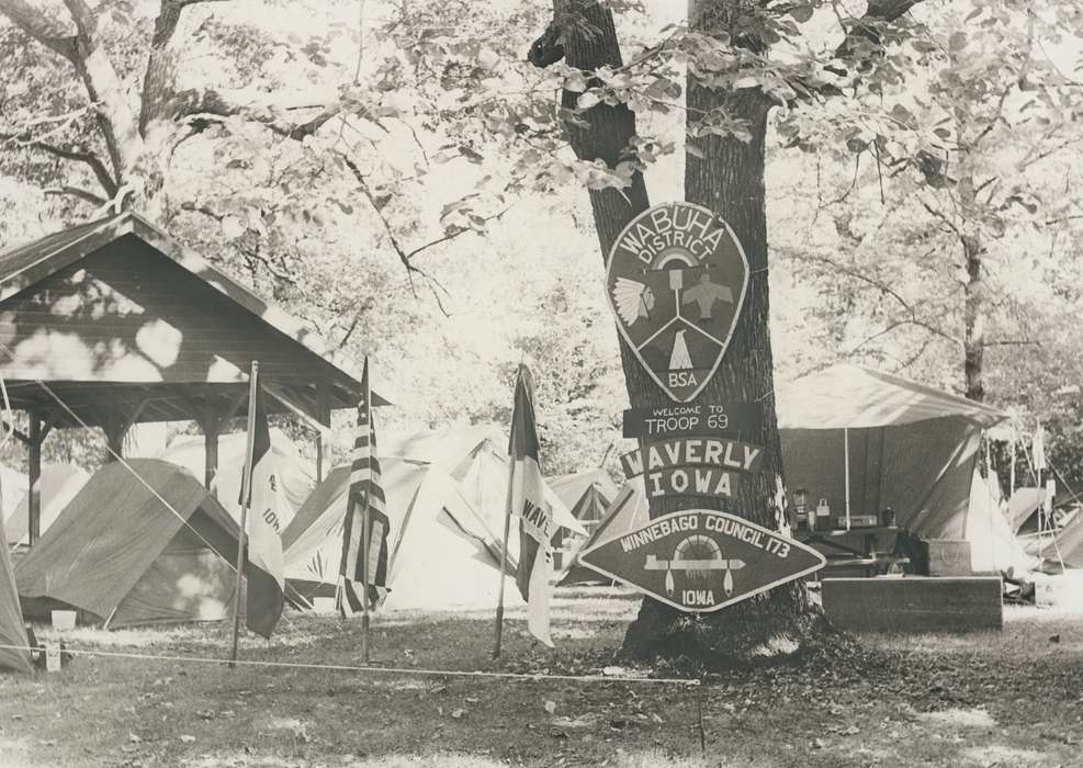 Outdoor Recreation, Iowa, Waverly Public Library, tent, american flag, Schools and Education, history of Iowa, Clarksville, IA, camp, boy scout, Civic Engagement, boy scouts, Iowa History