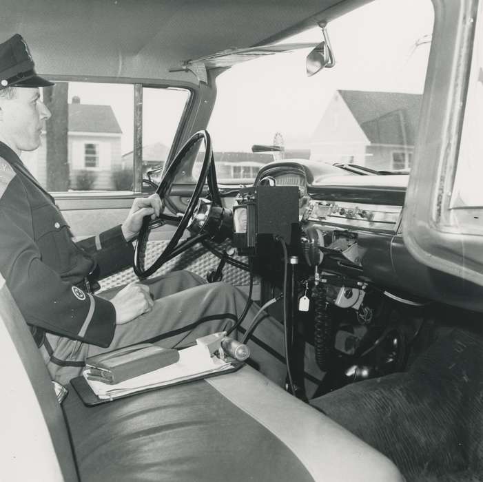 history of Iowa, fire truck, fireman, Portraits - Group, uniform, fire engine, Waverly, IA, Waverly Public Library, Iowa, Motorized Vehicles, cb radio, Iowa History, clipboard, correct date needed, Labor and Occupations