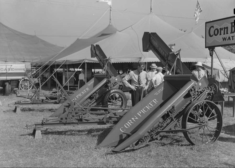 Fairs and Festivals, machinery, history of Iowa, necktie, Library of Congress, Iowa, tent, corn, Iowa History, Farming Equipment