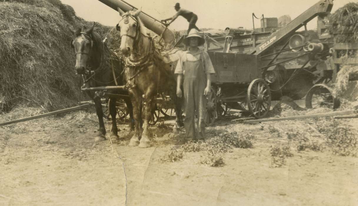 Iowa, Animals, Mortenson, Jill, thresher, threshing, oats, Portraits - Individual, horses, overalls, Ackley, IA, Farming Equipment, Farms, wagon, history of Iowa, hay, Iowa History, Labor and Occupations