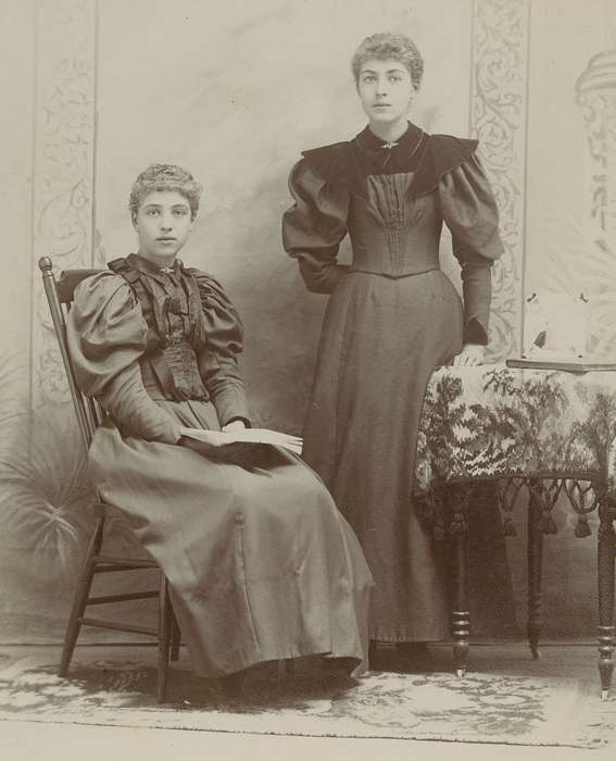 Portraits - Group, Iowa, woman, patterned carpet, Muscatine, IA, Olsson, Ann and Jons, dress, book, painted backdrop, history of Iowa, cabinet photo, Iowa History