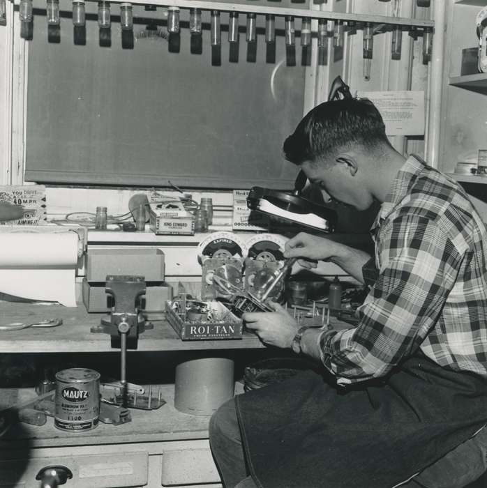 paint can, plaid shirt, Waverly Public Library, history of Iowa, pliers, Waverly, IA, Labor and Occupations, jar, Iowa History, Children, man, cigar, watch, correct date needed, bench vice, Iowa, Portraits - Individual, workbench, apron