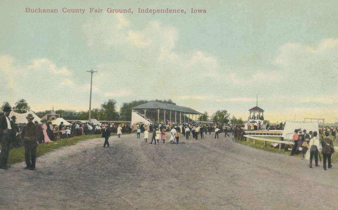 history of Iowa, Iowa History, Entertainment, fairground, Fairs and Festivals, Shaulis, Gary, postcard, Iowa, people, Children, Leisure, grandstand