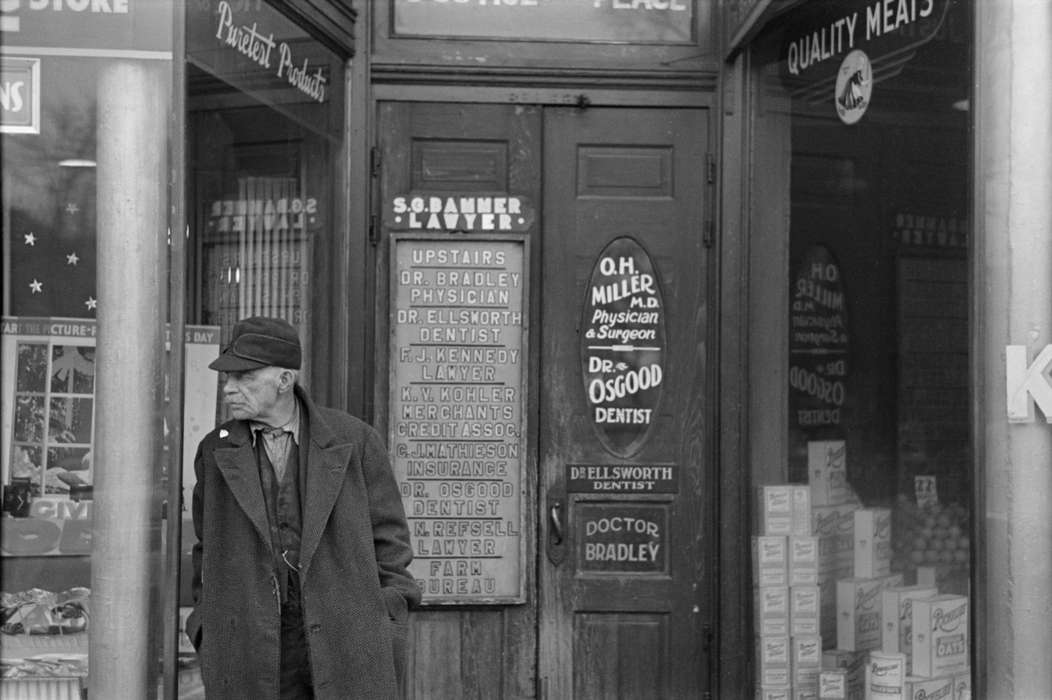 history of Iowa, Iowa History, Cities and Towns, Library of Congress, Businesses and Factories, peacoat, cap, office, Iowa, dentist, oats