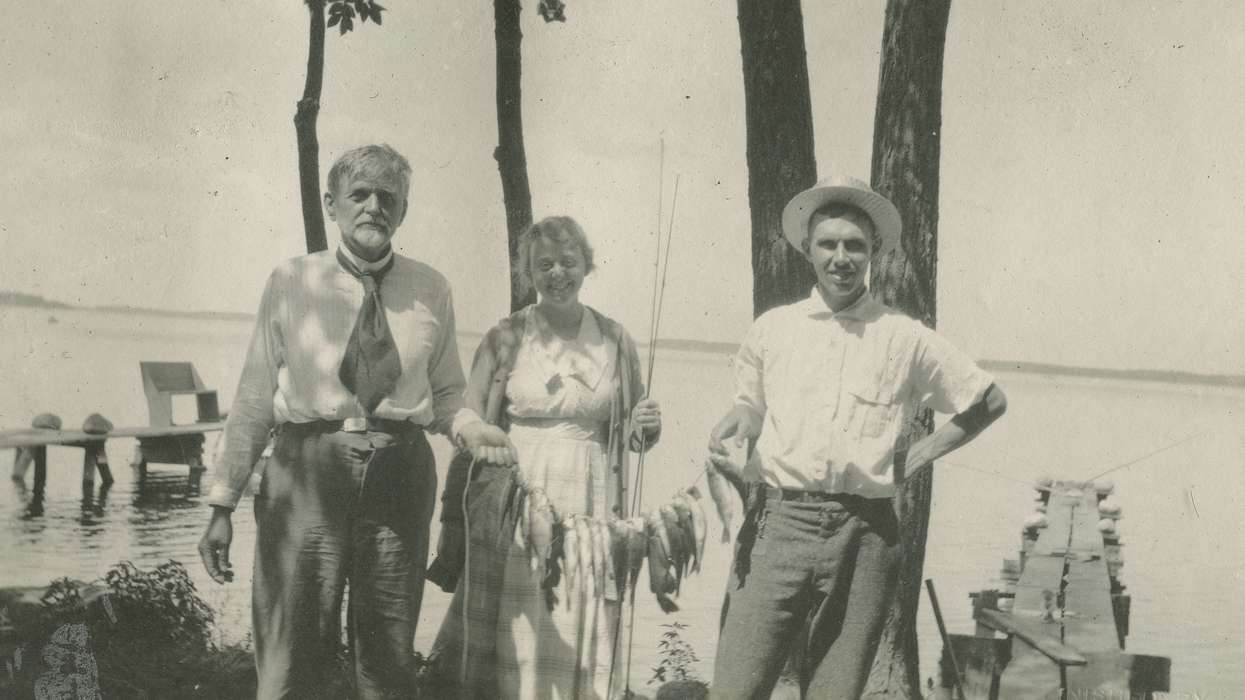 Outdoor Recreation, Portraits - Group, trees, fishing rods, fish, Iowa, perch, dock, McMurray, Doug, Leisure, Lakes, Rivers, and Streams, fishing, Clear Lake, IA, history of Iowa, bass, Iowa History