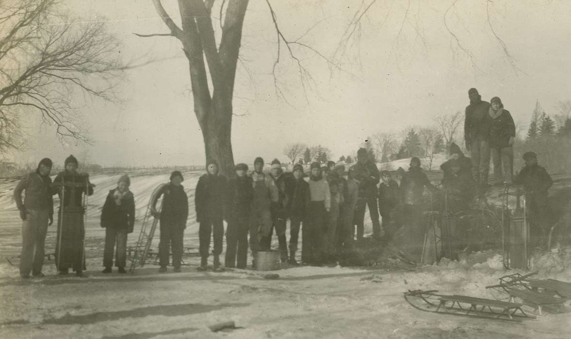 Portraits - Group, Leisure, Iowa History, Iowa, McMurray, Doug, history of Iowa, Outdoor Recreation, sled, Webster City, IA, snow, boy scouts