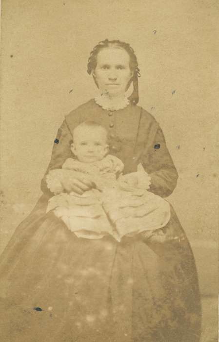baby, child, dropped shoulder seams, lace collar, Iowa History, carte de visite, hoop skirt, woman, Iowa, history of Iowa, Olsson, Ann and Jons, Portraits - Group, hairnet, Davenport, IA