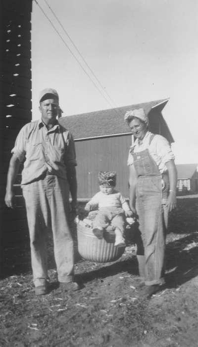 Portraits - Group, history of Iowa, Iowa History, Families, Mickelson, Rose, Barns, Iowa, Children, Belmond, IA, Farms, overalls, baby, Labor and Occupations