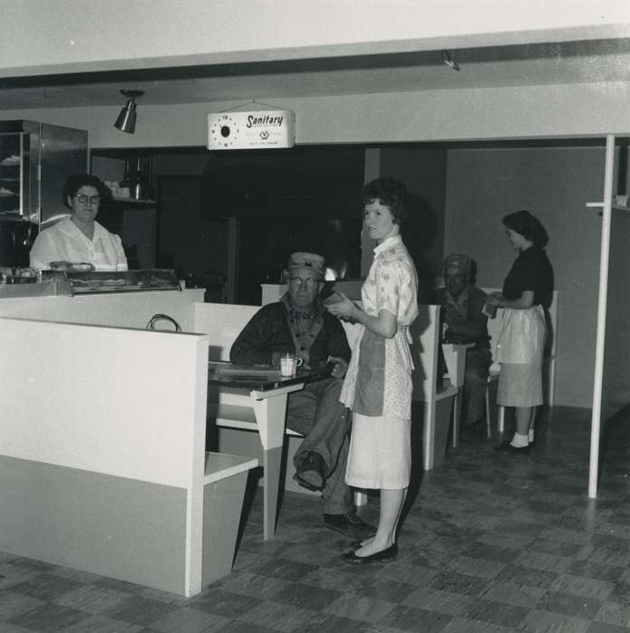 Portraits - Group, uniform, light, waitress, Businesses and Factories, cup, glasses, cafe, apron, hat, Waverly Public Library, booth, history of Iowa, Iowa History, woman, clock, Waverly, IA, Iowa, correct date needed, counter, Labor and Occupations