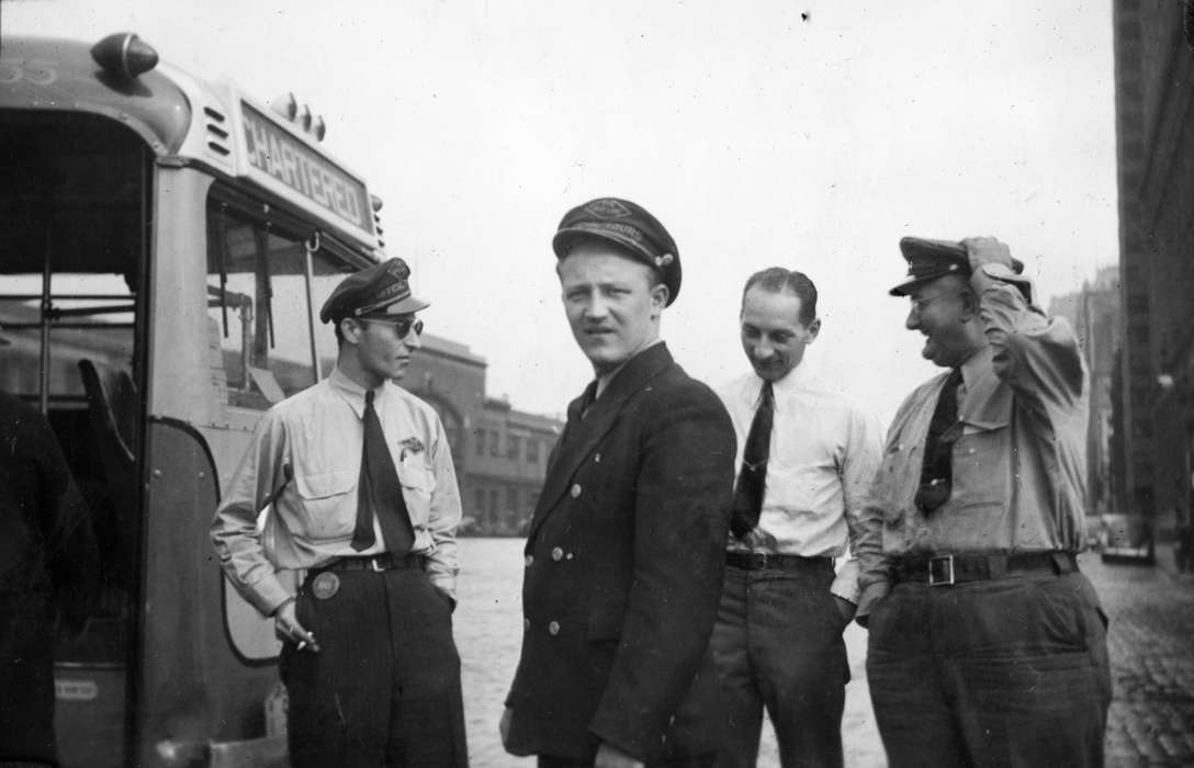 Travel, men, bus driver, history of Iowa, Iowa History, Motorized Vehicles, Pickering, Tara, bus trip, Iowa, Cities and Towns, bus, New York, NY, hat, Labor and Occupations