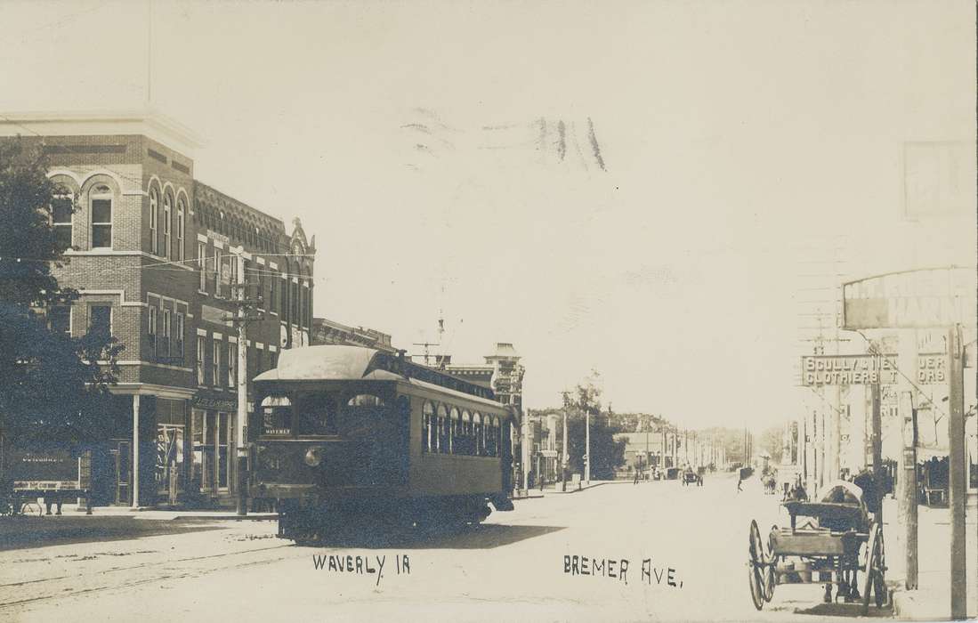 main street, Iowa, shops, trolley, horse and buggy, Meyer, Sarah, history of Iowa, dirt road, building, Cities and Towns, Waverly, IA, utility pole, Motorized Vehicles, Main Streets & Town Squares, Iowa History