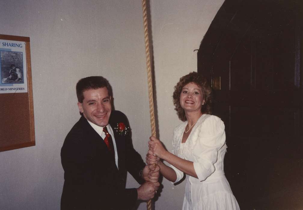Portraits - Group, rope, pearls, Conklin, Beverly, history of Iowa, happy, bell, groom, Iowa History, Nashua, IA, little brown church, married, bride, Iowa, Weddings, wedding dress, tuxedo