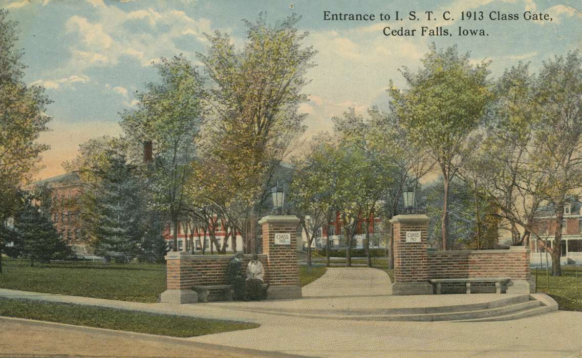 trees, Iowa, Iowa History, Schools and Education, uni, Palczewski, Catherine, university of northern iowa, Cedar Falls, IA, history of Iowa, gate, lang hall