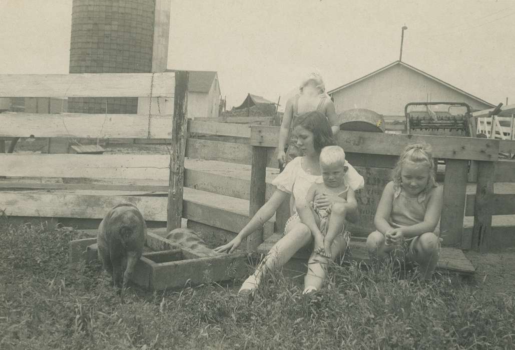 hog, pig, history of Iowa, Farms, Animals, La Porte City, IA, Iowa, Portraits - Group, Families, Rampton, Angela, Leisure, Children, Iowa History, Farming Equipment