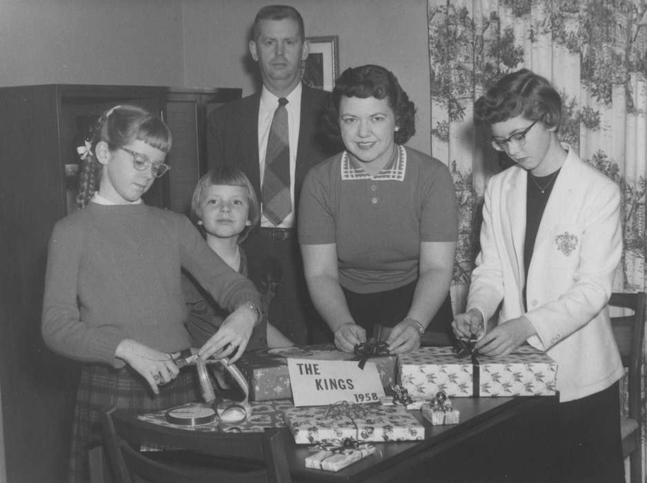 Iowa History, Holidays, table, Children, glasses, christmas, history of Iowa, Iowa, King, Tom and Kay, Portraits - Group, presents, Families, IA