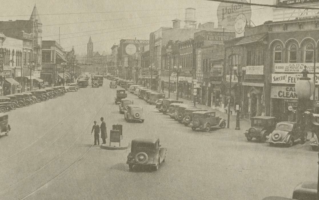 Main Streets & Town Squares, history of Iowa, Iowa History, Motorized Vehicles, store, downtown, car, Council Bluffs, IA, Iowa, Henderson, Dan, Cities and Towns