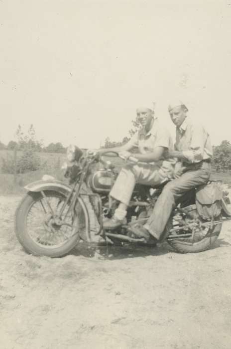 Portraits - Group, men, history of Iowa, Iowa History, IA, Motorized Vehicles, motorcycle, Spilman, Jessie Cudworth, Iowa, Leisure