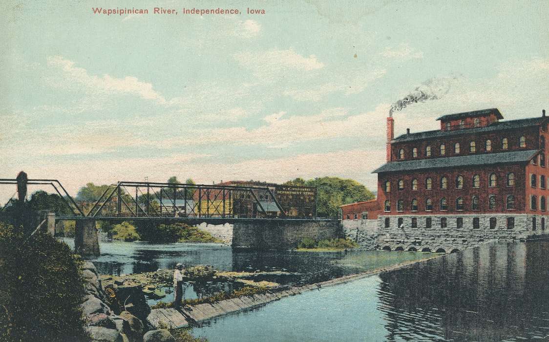bridge, Iowa History, history of Iowa, Businesses and Factories, Shaulis, Gary, man, postcard, river, Cities and Towns, Iowa, Leisure, dam