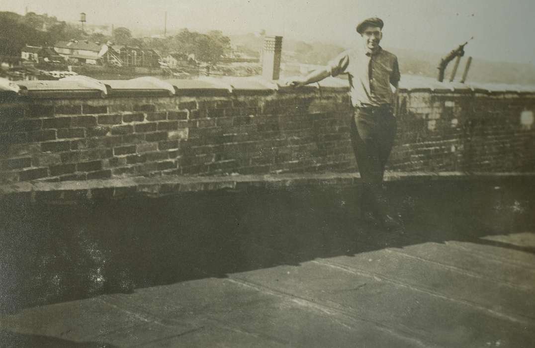 LeQuatte, Sue, Cities and Towns, roof, Iowa History, shadow, Iowa, history of Iowa, trees, brick wall, Portraits - Individual, IA