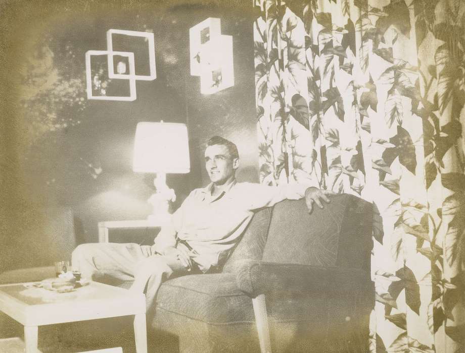 history of Iowa, Iowa History, decoration, Fink-Bowman, Janna, coffee table, West Union, IA, mid-century modern, couch, Iowa, living room, lamp, Homes, curtain, Portraits - Individual