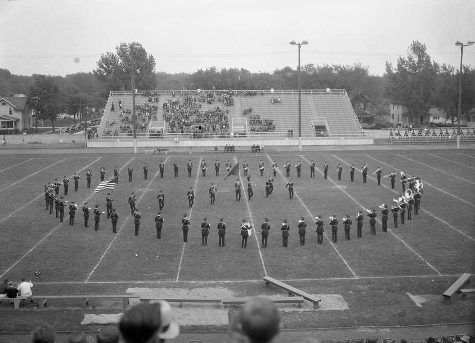 UNI Special Collections & University Archives, Aerial Shots, marching band, history of Iowa, iowa state teachers college, american flag, bleachers, stadium, football field, uni, Cedar Falls, IA, Iowa, Iowa History, university of northern iowa, Schools and Education