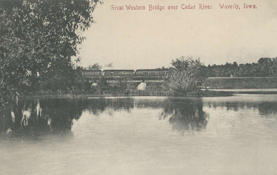 Waverly, IA, marsh, cedar river, history of Iowa, Meyer, Sarah, Motorized Vehicles, train cars, train, bridge, Lakes, Rivers, and Streams, Iowa, correct date needed, Iowa History, Landscapes