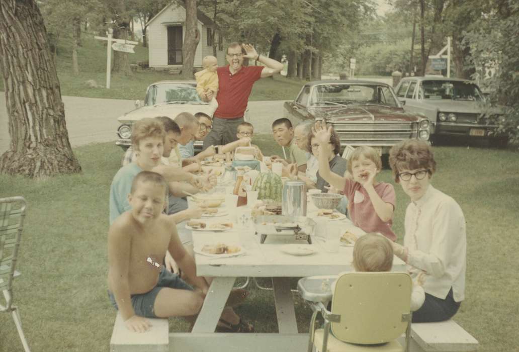 Portraits - Group, Food and Meals, Iowa, ford, silly, picnic, Okoboji, IA, Families, Leisure, Children, car, history of Iowa, Motorized Vehicles, Iowa History, Scheve, Mary