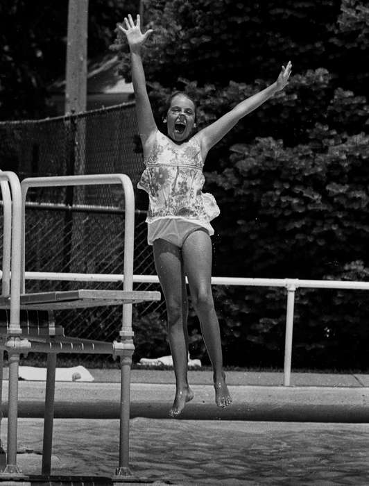 Ottumwa, IA, summer, pool, swimsuit, Lemberger, LeAnn, history of Iowa, Iowa, smile, diving board, Portraits - Individual, Children, Iowa History, Leisure, bathing suit