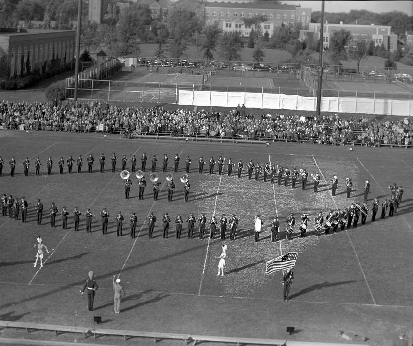 Iowa, american flag, UNI Special Collections & University Archives, Schools and Education, uni, university of northern iowa, stadium, Aerial Shots, Cedar Falls, IA, football field, marching band, history of Iowa, iowa state teachers college, Iowa History