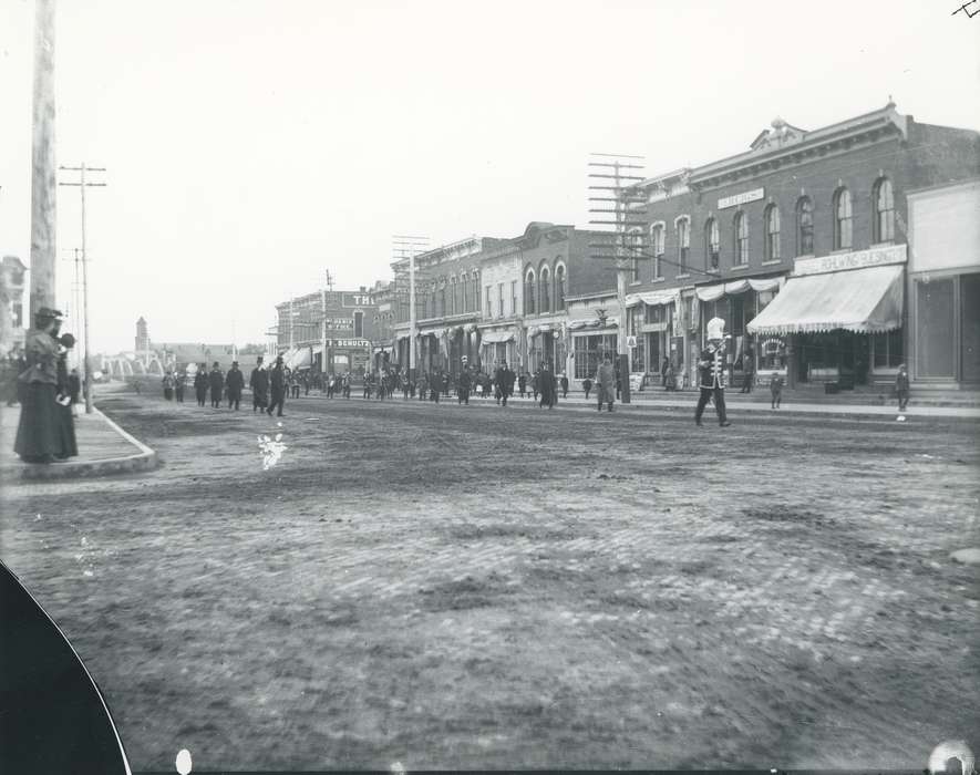 Iowa, Waverly Public Library, parade, Fairs and Festivals, band, Children, history of Iowa, Entertainment, Cities and Towns, Businesses and Factories, marching band, Waverly, IA, Main Streets & Town Squares, Iowa History, circus