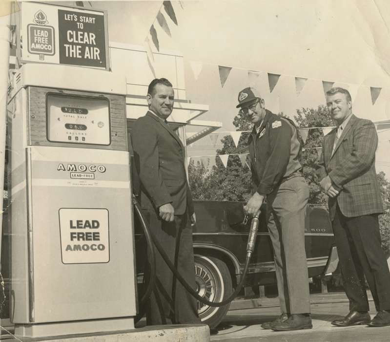 Portraits - Group, history of Iowa, Iowa History, Motorized Vehicles, Businesses and Factories, Rehder, Kylon, gas, Iowa, Clinton, IA, amoco, gas pump, fuel pump, Labor and Occupations