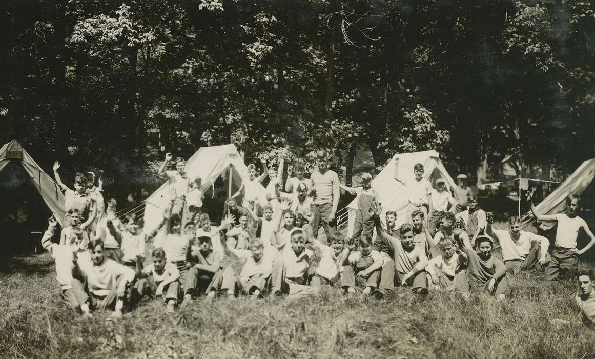 history of Iowa, McMurray, Doug, Iowa, tent, boy scouts, wave, Webster City, IA, Iowa History, Portraits - Group