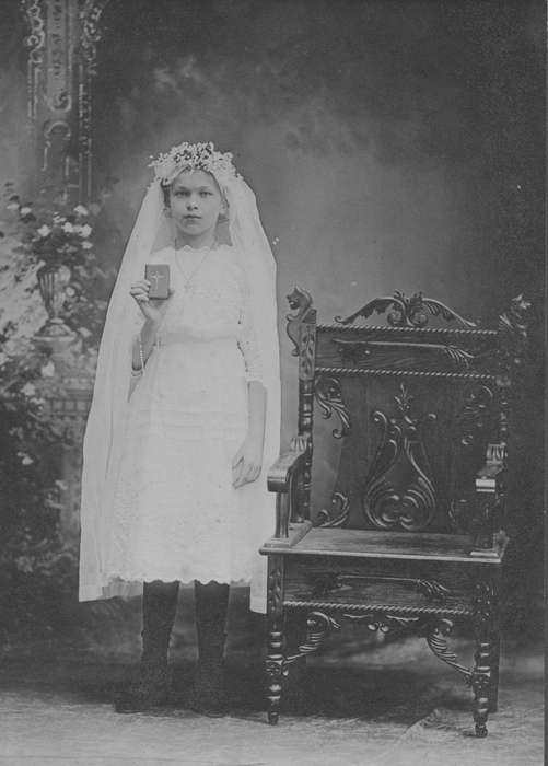 first communion, Iowa, Feeney, Mary, chair, Religion, Children, Portraits - Individual, dress, history of Iowa, Iowa History, Eldridge, IA