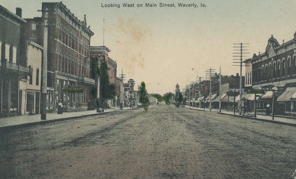 Main Streets & Town Squares, main street, history of Iowa, Iowa History, Cities and Towns, Meyer, Sarah, brick building, Waverly, IA, dirt road, Iowa, utility pole, Landscapes, correct date needed, sign