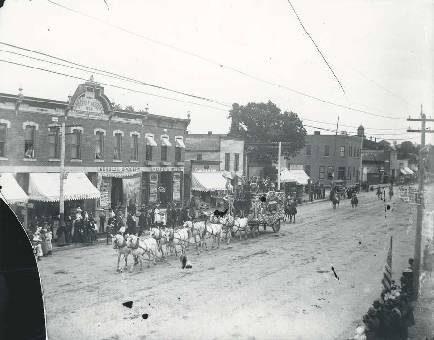 Travel, Iowa, Waverly Public Library, parade, Fairs and Festivals, horse, Families, Children, downtown, horse drawn wagon, Entertainment, Cities and Towns, Businesses and Factories, history of Iowa, Waverly, IA, Main Streets & Town Squares, Iowa History, circus