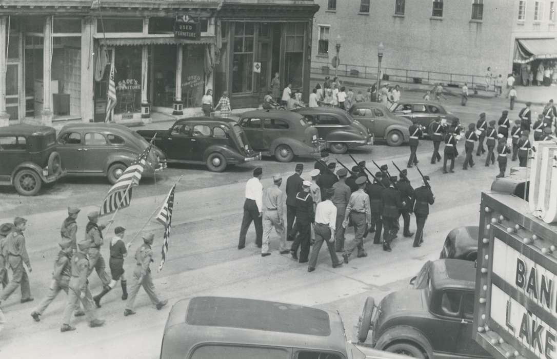 Military and Veterans, Main Streets & Town Squares, history of Iowa, cars, Iowa History, american flag, Waverly, IA, Fairs and Festivals, Iowa, Cities and Towns, furniture store, correct date needed, Waverly Public Library