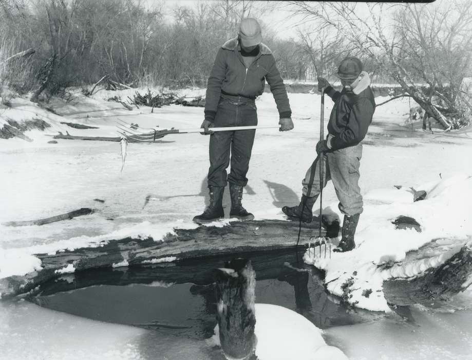 winter, spear fishing, Winter, men, snow, history of Iowa, ice fishing, Iowa, fishing, Waverly Public Library, Iowa History, Leisure