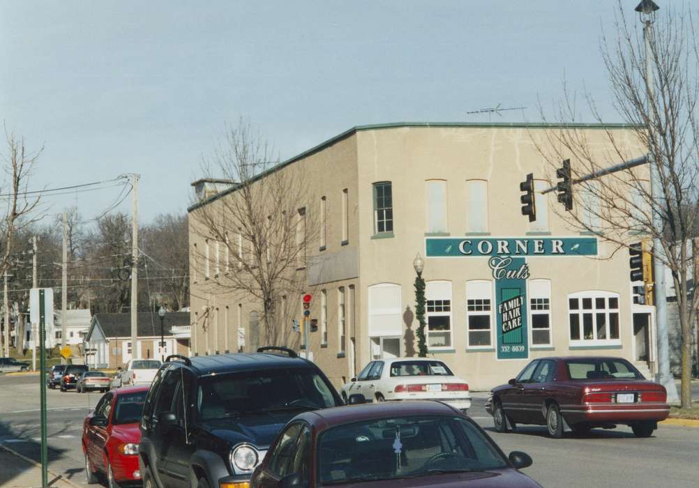 mainstreet, Main Streets & Town Squares, history of Iowa, Iowa History, storefront, Motorized Vehicles, Businesses and Factories, street corner, Iowa, Cities and Towns, correct date needed, Waverly Public Library
