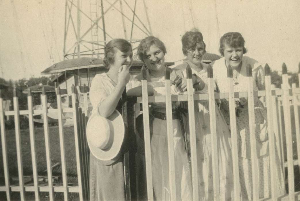 Portraits - Group, hat, fence, Iowa History, Mortenson, Jill, friends, history of Iowa, smile, laughing, Iowa, Iowa Falls, IA, Fairs and Festivals