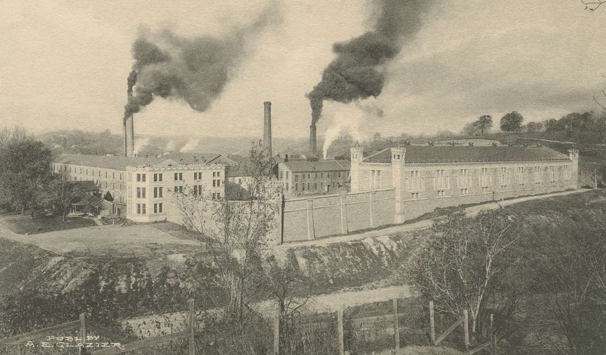 history of Iowa, Iowa History, IA, Cities and Towns, Businesses and Factories, stone wall, Dean, Shirley, smokestack, Iowa, fence