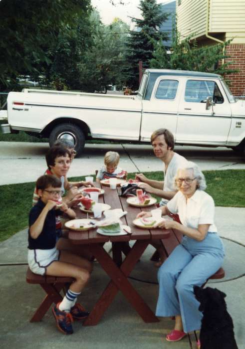 picnic table, grandmother, boys, Iowa History, Farmington, MI, truck, Iowa, history of Iowa, Portraits - Group, watermelon, Families, Food and Meals, Travel, Olsson, Ann and Jons, picnic