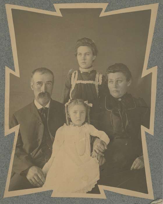 Portraits - Group, correct date needed, holding hands, Parkersburg, IA, Iowa, couple, Neymeyer, Robert, Families, Children, hairstyle, lace, dress, curls, family, girl, mustache, history of Iowa, Iowa History