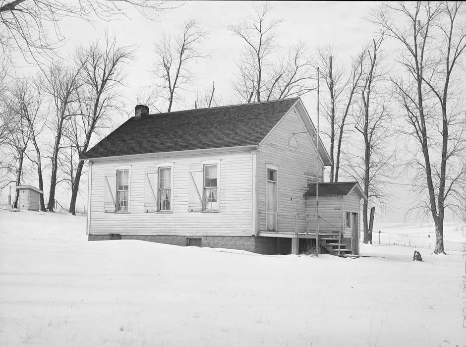 history of Iowa, Iowa History, Library of Congress, Winter, flagpole, woven wire fence, Iowa, tree, Schools and Education, schoolhouse, snow