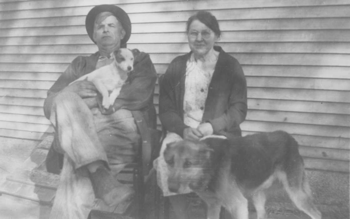 Portraits - Group, history of Iowa, Iowa History, couple, Animals, Iowa, Eldridge, IA, Feeney, Mary, dog