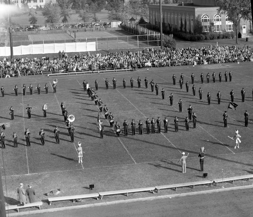 Iowa, UNI Special Collections & University Archives, Schools and Education, uni, university of northern iowa, stadium, Aerial Shots, Cedar Falls, IA, football field, marching band, history of Iowa, iowa state teachers college, Iowa History