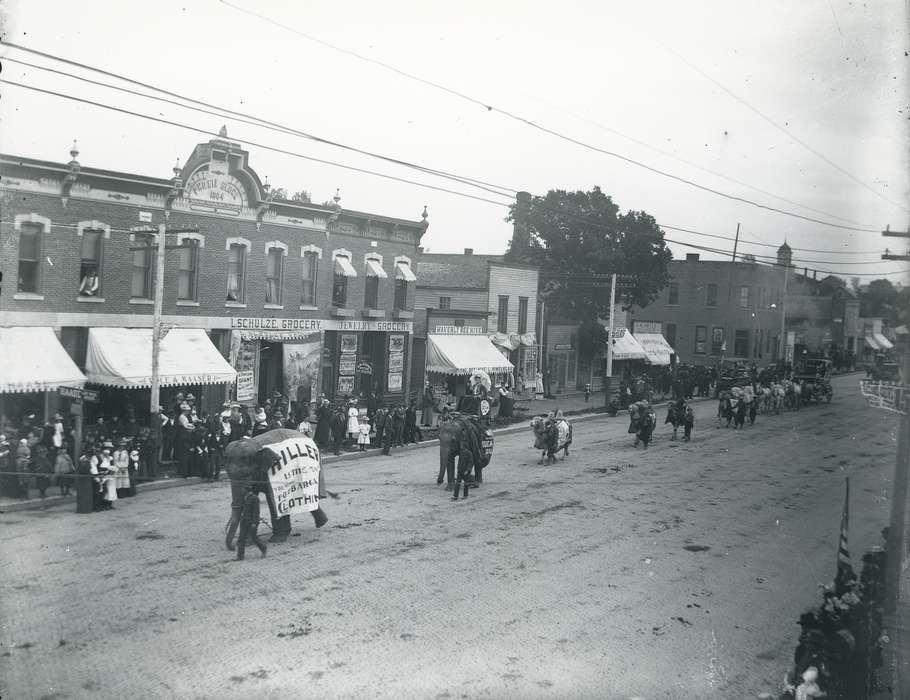 Iowa, Waverly Public Library, Animals, parade, Fairs and Festivals, horse, Children, Entertainment, Cities and Towns, Businesses and Factories, circus, history of Iowa, Waverly, IA, Main Streets & Town Squares, Iowa History, elephant