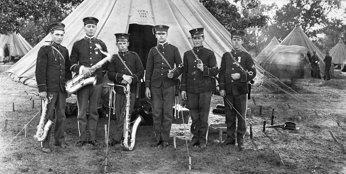 Portraits - Group, Iowa History, tent, saxophone, Iowa, band, Lemberger, LeAnn, Ottumwa, IA, clarinet, Military and Veterans, history of Iowa